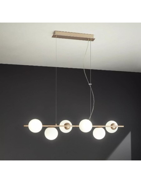 Sospensione Monile a 6 luci L 120 cm in oro con sfere in vetro bianco, E14 | Ondaluce -ONDALUCE