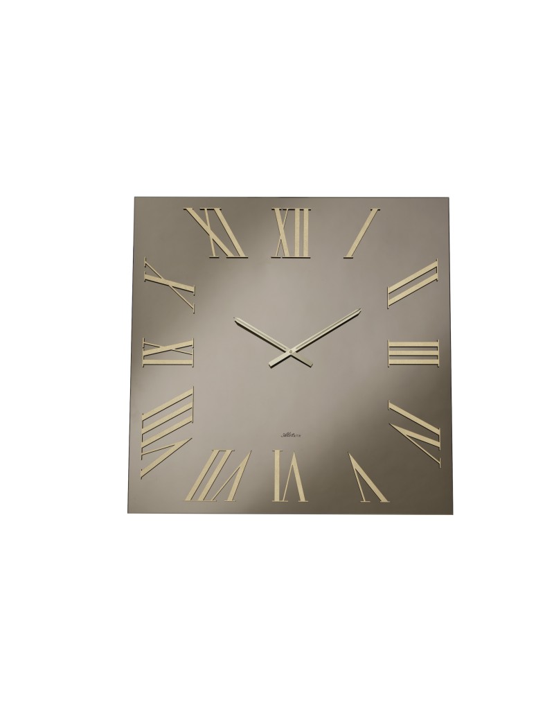 Orologio da parete Minerva 80x80 cm in vetro lucido bronzo, numeri e lancette oro | Abitarte -ABITARTE