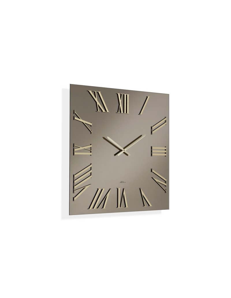 Orologio da parete Minerva 80x80 cm in vetro lucido bronzo, numeri e lancette oro | Abitarte -ABITARTE