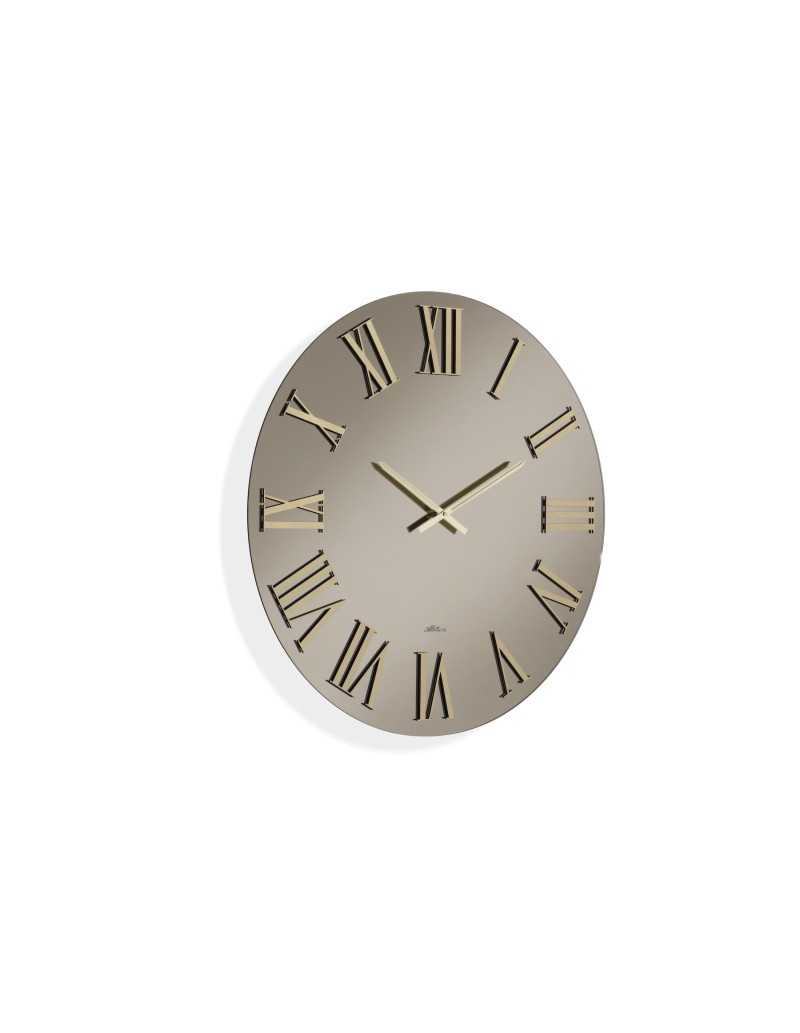 Orologio da parete Mira Ø 100 cm in vetro lucido bronzo, numeri e lancette oro | Abitarte -ABITARTE