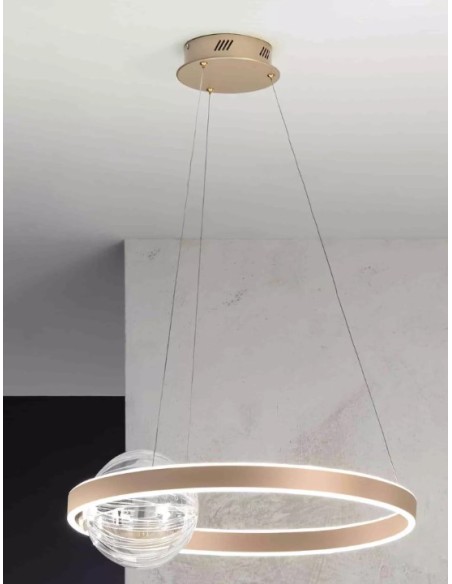 Sospensione LED Lisboa ad anello 73 cm oro opaco con sfera in vetro, dimmerabile | Ondaluce -ONDALUCE