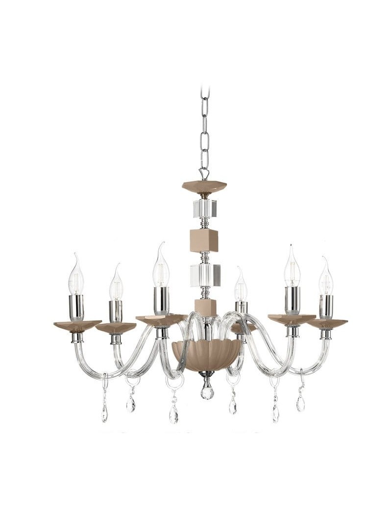Lampadario Livia a 6 luci in vetro e cristallo tortora, montatura cromo, Ø 70 cm | Ondaluce -ONDALUCE