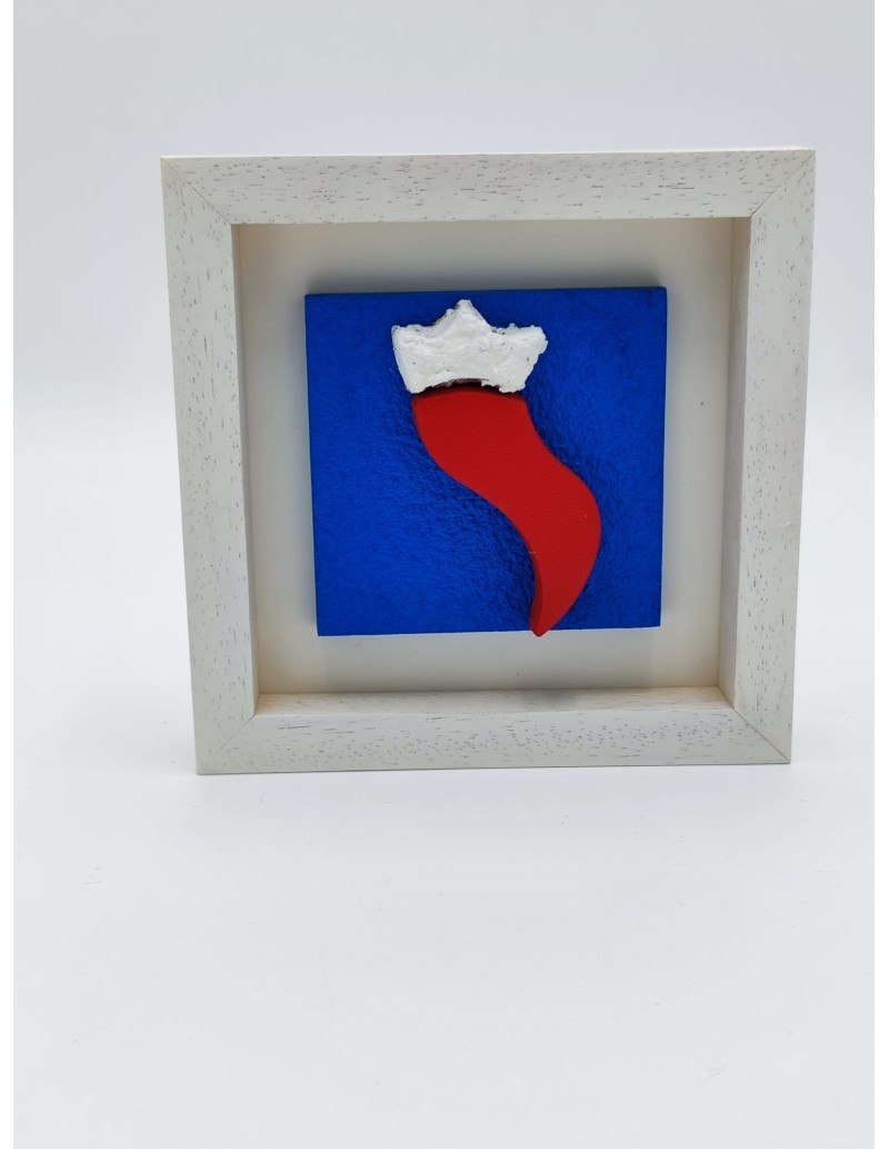 Quadro corno portafortuna 14x14 cm in legno e pietra blu, cornice bianca | Alleria -ALLERIA