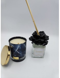 Set profumatore 100 ml e candela con fiore in ceramica nero | First Class -FIRST CLASS - FEMIANO - ELITE