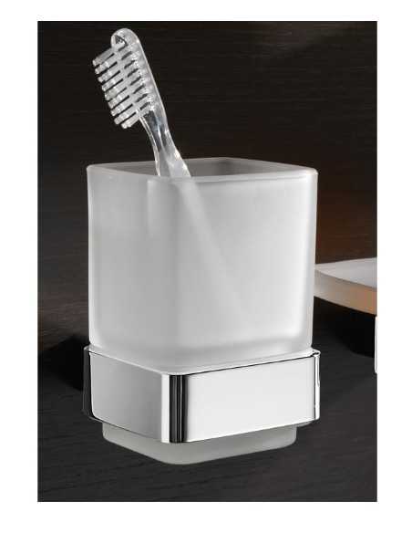 Porta spazzolini con bicchiere in vetro satinato Lounge cromo e bianco, da parete | Gedy -GEDY