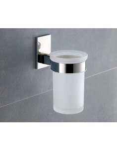Porta spazzolini con bicchiere in vetro satinato Maine cromo e bianco, da parete | Gedy -GEDY