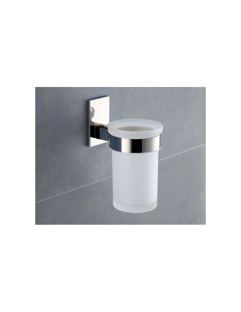 Porta spazzolini con bicchiere in vetro satinato Maine cromo e bianco, da parete | Gedy -GEDY