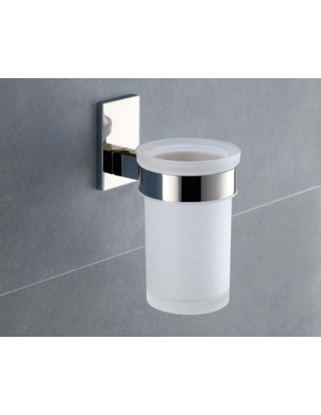 Porta spazzolini con bicchiere in vetro satinato Maine cromo e bianco, da parete | Gedy -GEDY