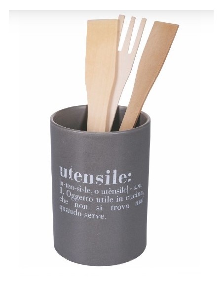 Porta utensili Victionary in ceramica grigio opaco con frase, Ø 10 x H 15 cm | Villa d'Este -VILLA D' ESTE