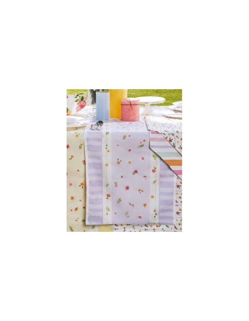 Runner double face Polline a righe e fiori micro in cotone, verde, 45 x 140 cm | Brandani -BRANDANI