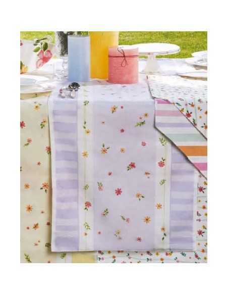 Runner double face Polline a righe e fiori micro in cotone, verde, 45 x 140 cm | Brandani -BRANDANI