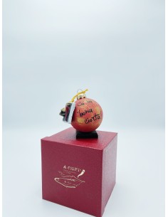 Palla di Natale portafortuna con scritta, tombola con maschera pulcinella e cornetto rosso in ceramica decorata a mano.