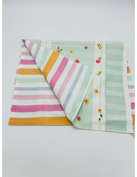 Runner double face Polline a righe e fiori micro in cotone, verde, 45 x 140 cm | Brandani -BRANDANI