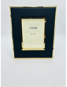 Portafoto in acciaio inox oro lucido e pelle nera, foto 10x15 | Cresia -CRESIA
