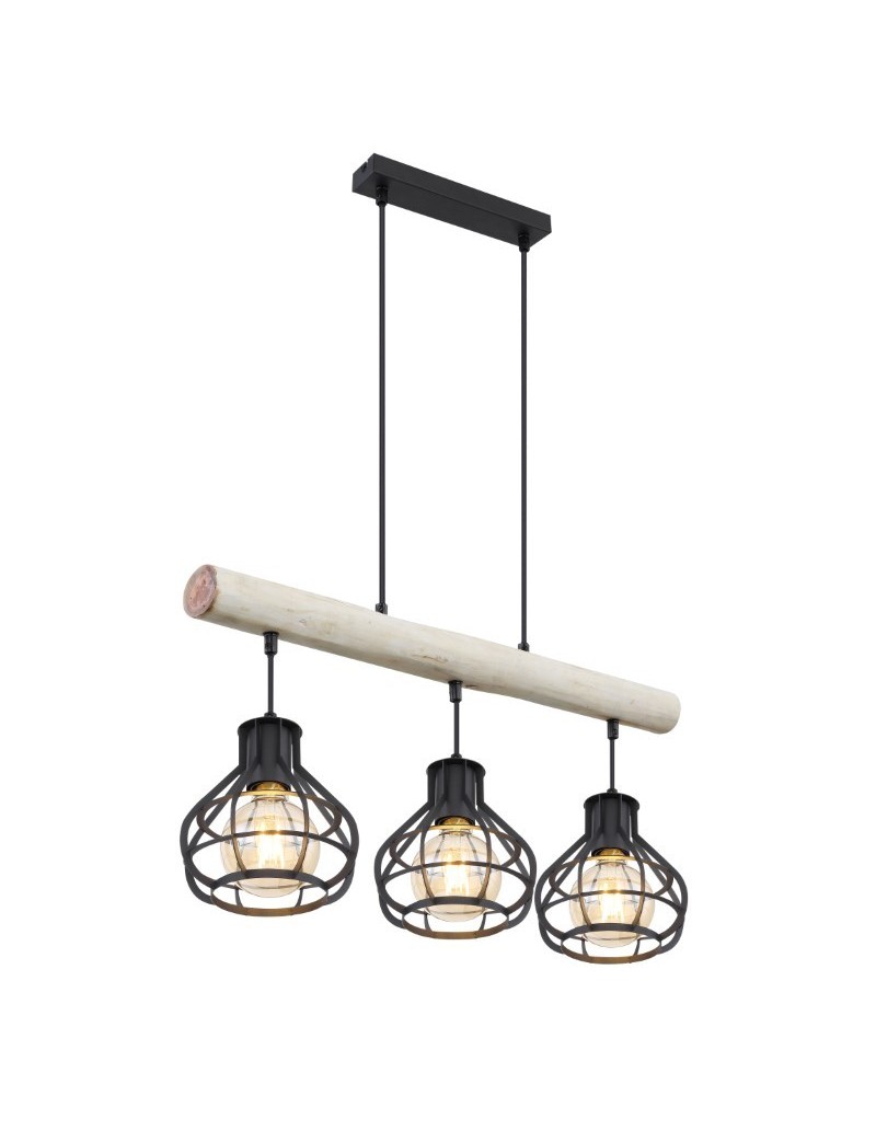 Lampada a sospensione Clastra 3 luci industrial in legno e rete metallica nera | Globo -GLOBO LIGHTING