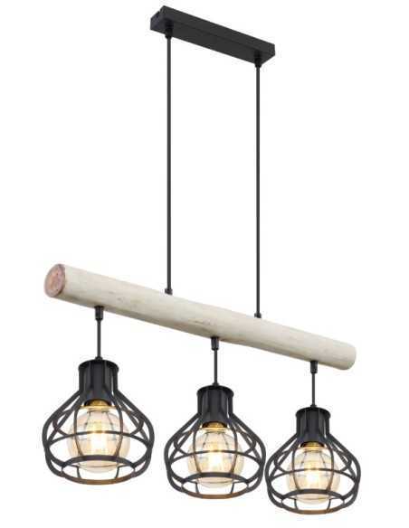 Lampada a sospensione Clastra 3 luci industrial in legno e rete metallica nera | Globo -GLOBO LIGHTING