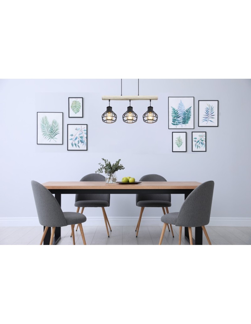 Lampada a sospensione Clastra 3 luci industrial in legno e rete metallica nera | Globo -GLOBO LIGHTING