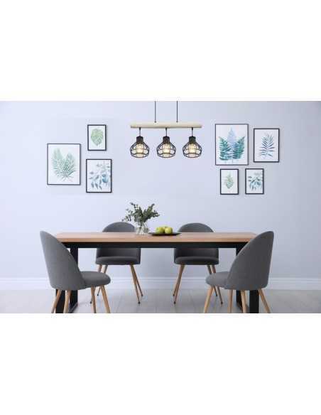 Lampada a sospensione Clastra 3 luci industrial in legno e rete metallica nera | Globo -GLOBO LIGHTING