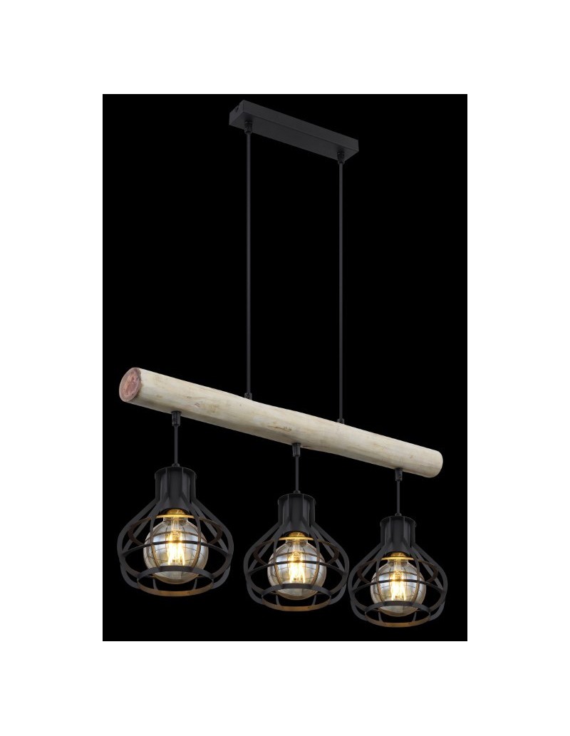 Lampada a sospensione Clastra 3 luci industrial in legno e rete metallica nera | Globo -GLOBO LIGHTING