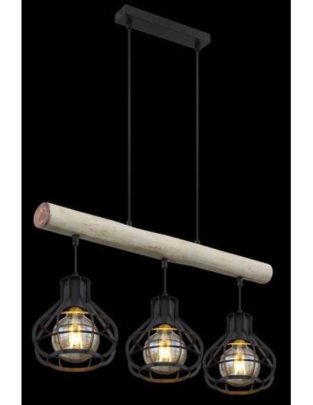 Lampada a sospensione Clastra 3 luci industrial in legno e rete metallica nera | Globo -GLOBO LIGHTING