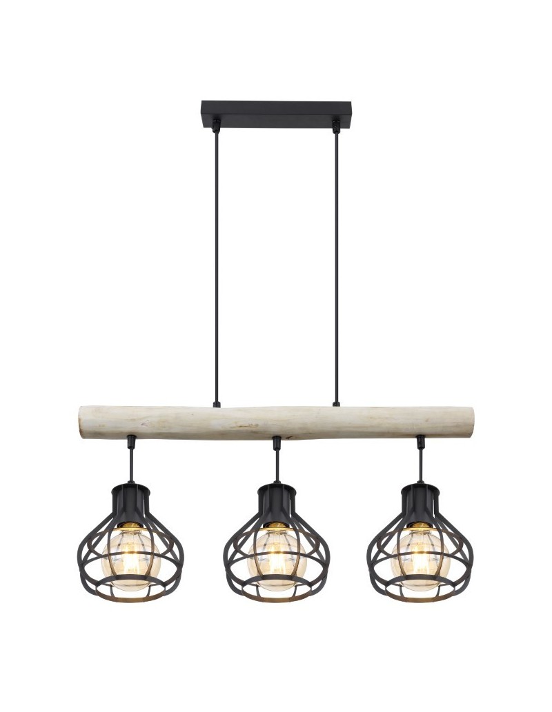 Lampada a sospensione Clastra 3 luci industrial in legno e rete metallica nera | Globo -GLOBO LIGHTING
