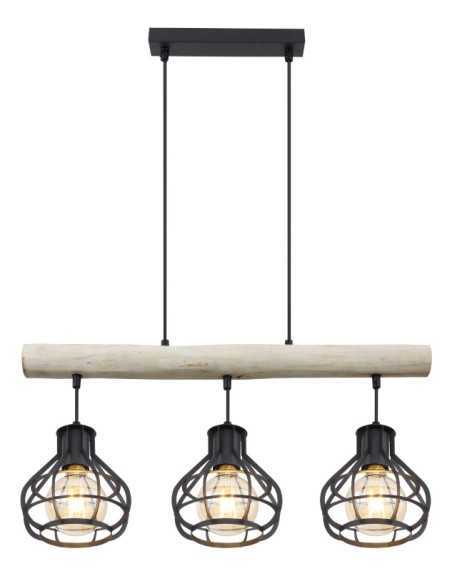 Lampada a sospensione Clastra 3 luci industrial in legno e rete metallica nera | Globo -GLOBO LIGHTING