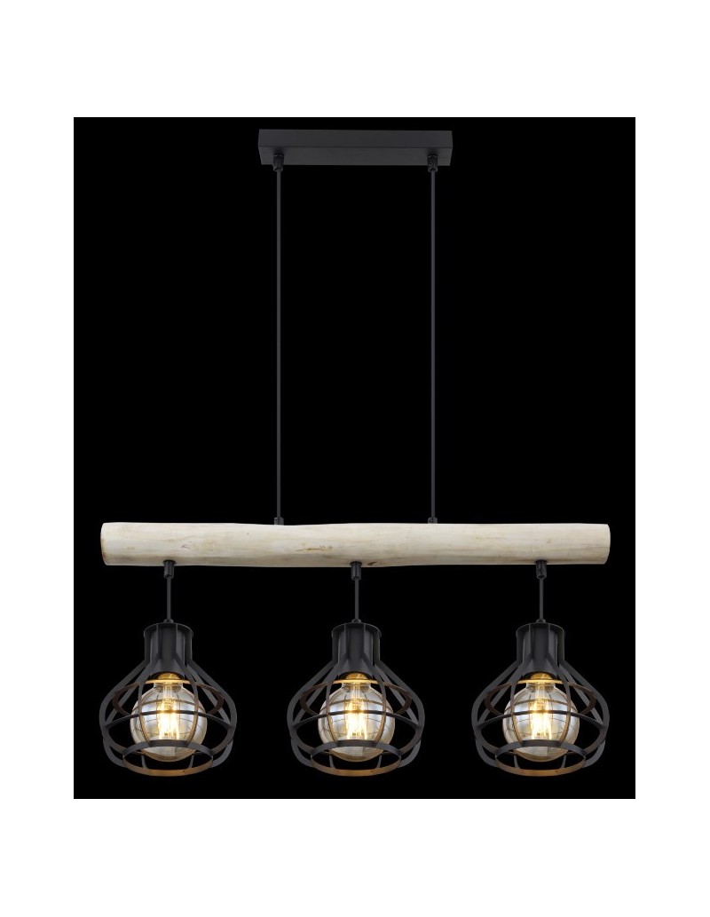 Lampada a sospensione Clastra 3 luci industrial in legno e rete metallica nera | Globo -GLOBO LIGHTING