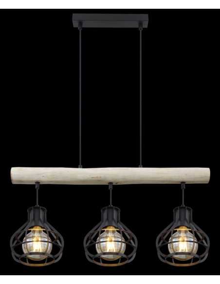 Lampada a sospensione Clastra 3 luci industrial in legno e rete metallica nera | Globo -GLOBO LIGHTING