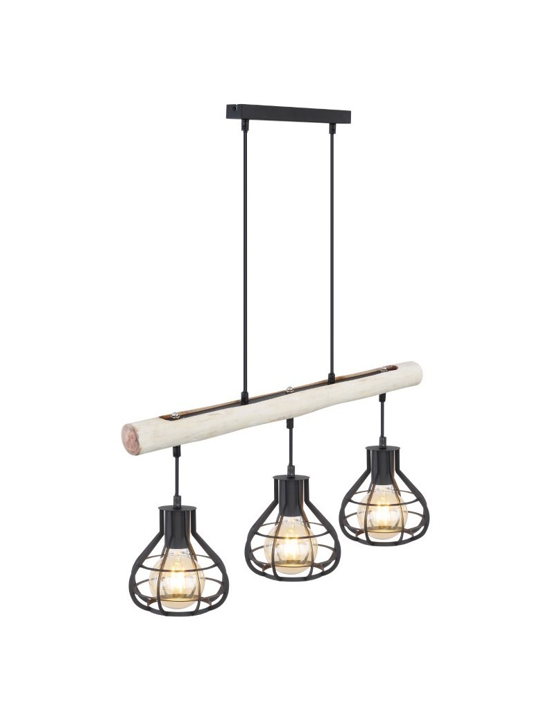 Lampada a sospensione Clastra 3 luci industrial in legno e rete metallica nera | Globo -GLOBO LIGHTING