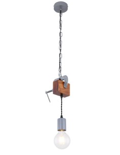 Lampada a sospensione Ludi industrial con morsa in metallo anticato e legno, E27 | Globo -GLOBO LIGHTING