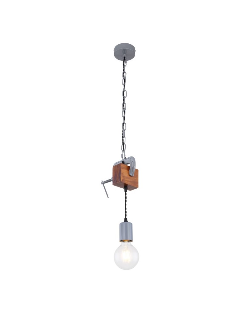 Lampada a sospensione Ludi industrial con morsa in metallo anticato e legno, E27 | Globo -GLOBO LIGHTING