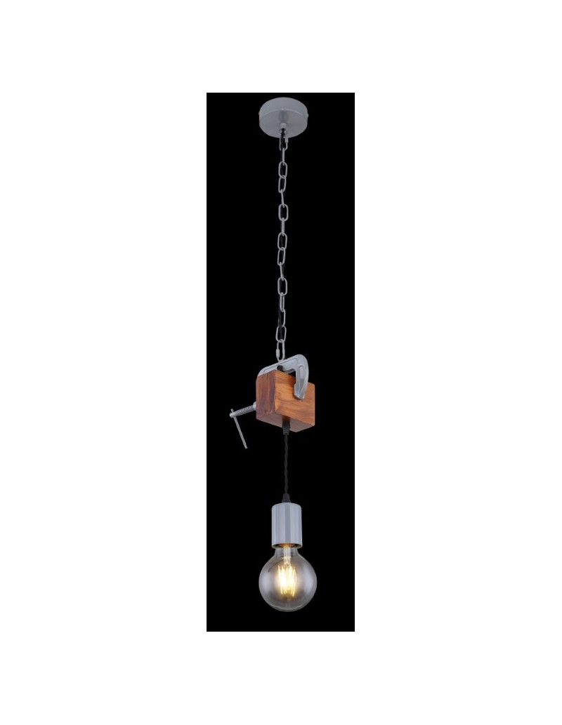 Lampada a sospensione Ludi industrial con morsa in metallo anticato e legno, E27 | Globo -GLOBO LIGHTING