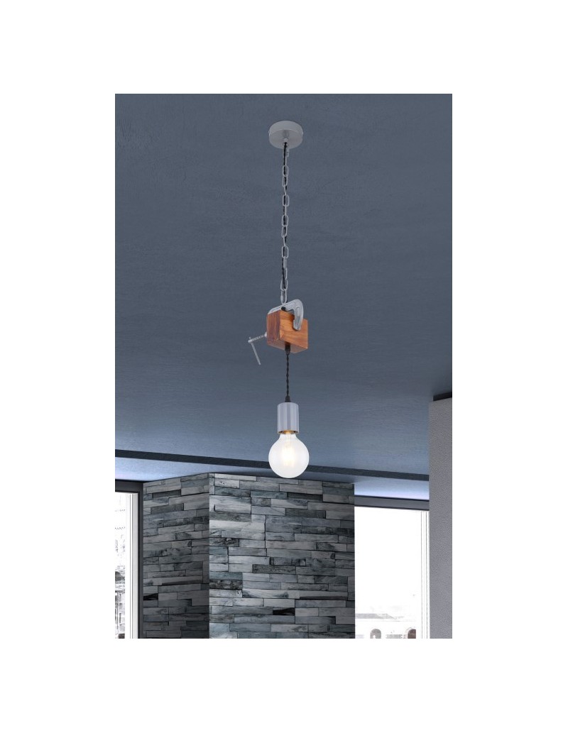 Lampada a sospensione Ludi industrial con morsa in metallo anticato e legno, E27 | Globo -GLOBO LIGHTING