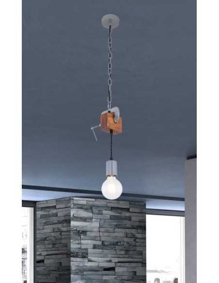 Lampada a sospensione Ludi industrial con morsa in metallo anticato e legno, E27 | Globo -GLOBO LIGHTING