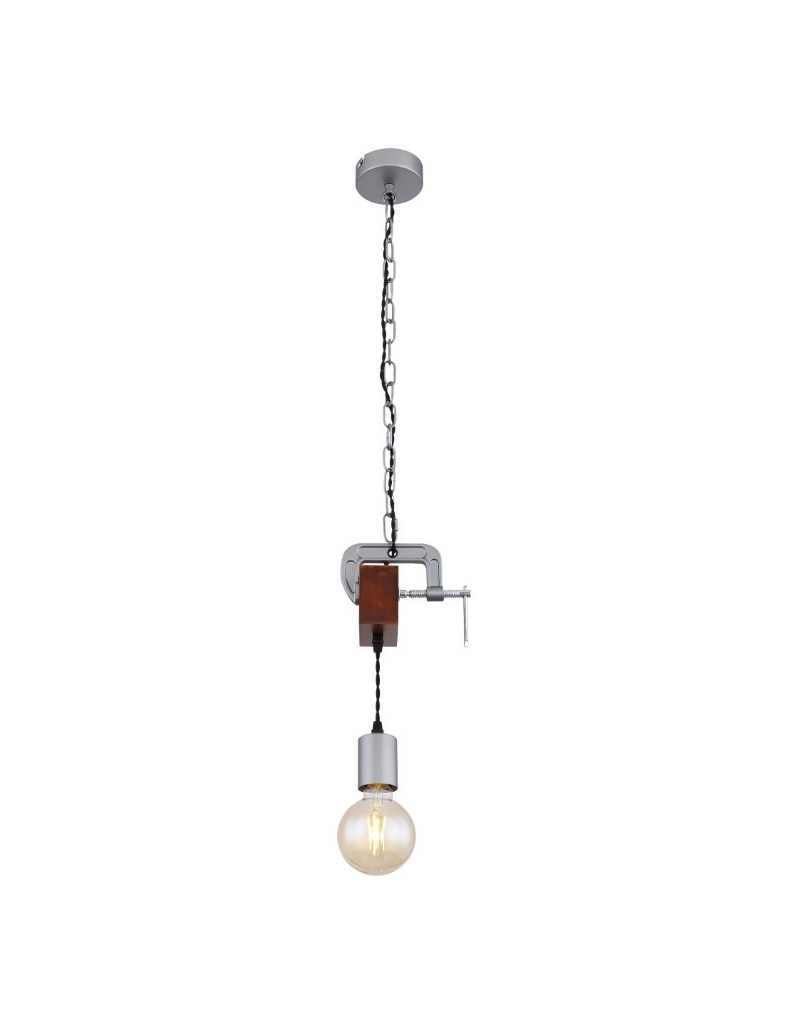 Lampada a sospensione Ludi industrial con morsa in metallo anticato e legno, E27 | Globo -GLOBO LIGHTING