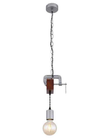Lampada a sospensione Ludi industrial con morsa in metallo anticato e legno, E27 | Globo -GLOBO LIGHTING