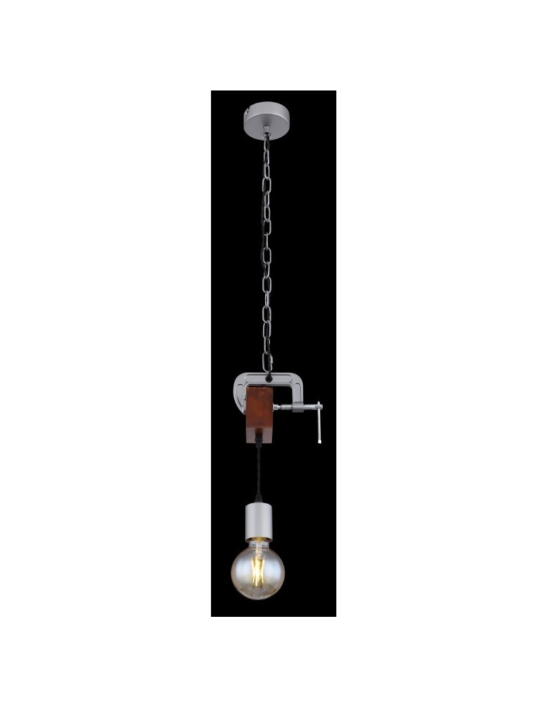 Lampada a sospensione Ludi industrial con morsa in metallo anticato e legno, E27 | Globo -GLOBO LIGHTING