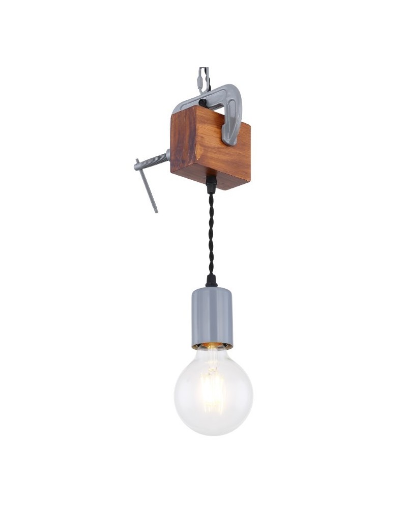 Lampada a sospensione Ludi industrial con morsa in metallo anticato e legno, E27 | Globo -GLOBO LIGHTING