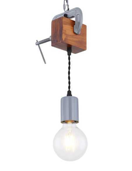 Lampada a sospensione Ludi industrial con morsa in metallo anticato e legno, E27 | Globo -GLOBO LIGHTING