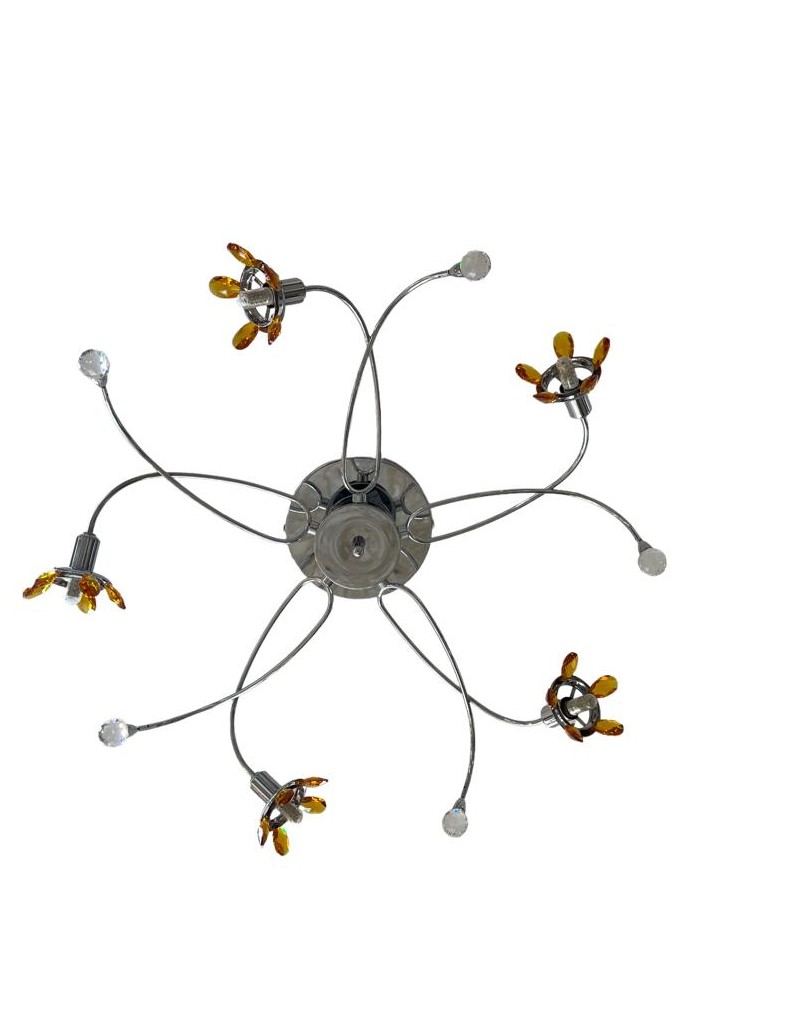 Plafoniera 5 luci 65x65 cromo con petali in cristallo ambra e sfere, G9 | Albani -ALBANI