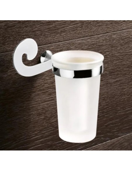 Porta spazzolini con bicchiere in vetro satinato Sissi cromo e bianco, da parete | Gedy -GEDY