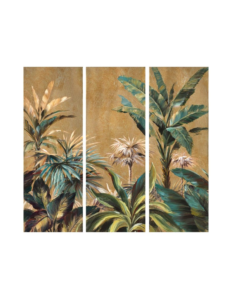 Set 3 quadri Clorofilla con foglie di agave verde e oro, 40x120 cm ciascuno | Agave -AGAVE