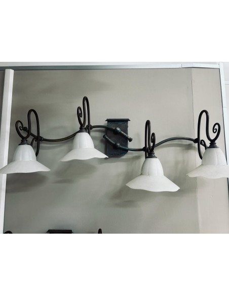 Applique rustica Country 4 luci 90 cm in ferro ruggine e verde rame, vetri bianchi | Falb -FALB