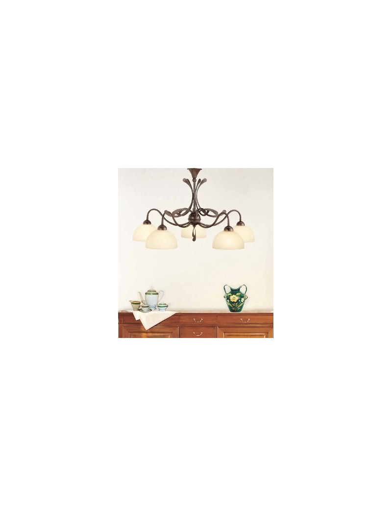 Plafoniera Via Dese country a 5 luci testa di moro e oro con vetri crema, Ø 70 cm | LAM -LAM srl