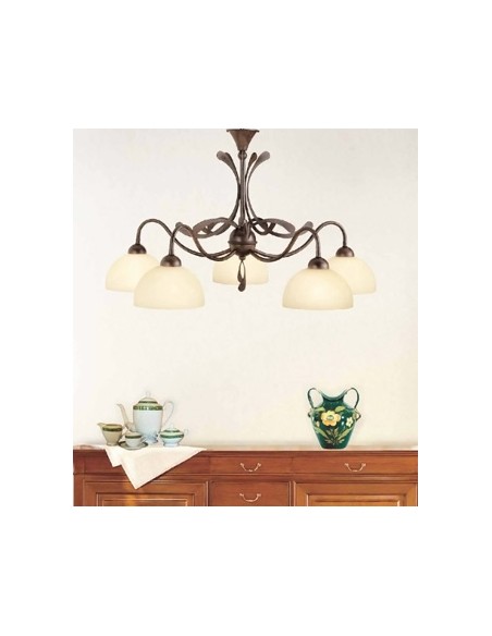 Plafoniera Via Dese country a 5 luci testa di moro e oro con vetri crema, Ø 70 cm | LAM -LAM srl