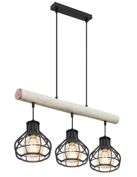 Lampada a sospensione Clastra 3 luci industrial in legno e rete metallica nera | Globo -GLOBO LIGHTING