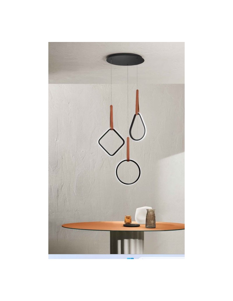 Lampada a sospensione LED Regoli 2 diffusori in metallo ed ecopelle cuoio, 40 W | Ondaluce -ONDALUCE