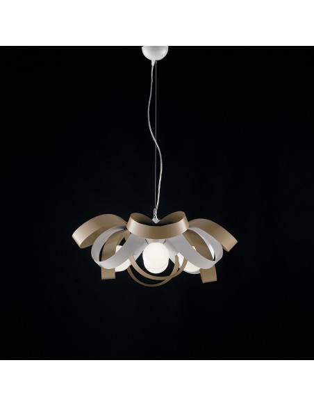 Lampada a sospensione Vertigo L 66 a 4 luci a fasce bianco e tortora, E27 | Bonetti Illumina -BONETTI ILLUMINA