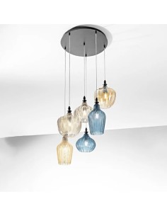 Lampada a sospensione Cleofe a 6 pendenti in vetro ocra, cobalto e ambra, E27 | Gea Luce -GEA LUCE