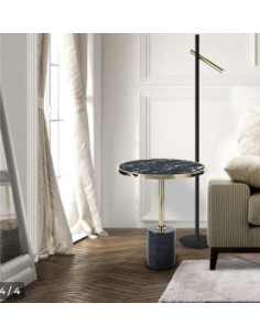Tavolino Dekala Ø 46 cm in acciaio dorato con base in marmo nero e piano in vetro | Schuller -SCHULLER